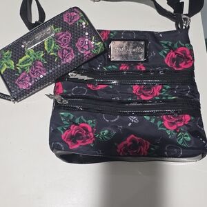 Betsey Johnson Black and Pink Floral Crossbody Bag Set